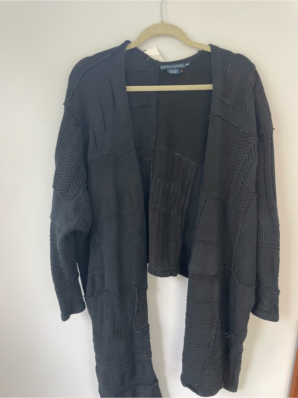 Ralph Lauren Blue Label Vintage Black Patchwork Open-Front Knit Cardigan